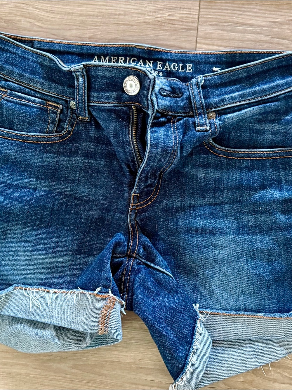 American Eagle Outfitters Dark Blue Denim Shorts with Orange Stitching